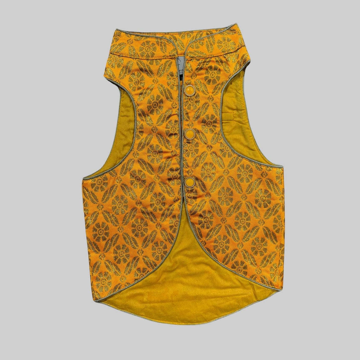 Dog wearing bright yellow sherwani with floral details, perfect for Haldi ceremonies and Indian festive occasions