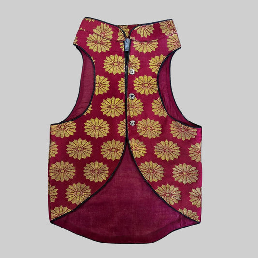 Dog wearing Cherry Red sherwani with floral embroidery, perfect for Indian weddings and spring celebrations