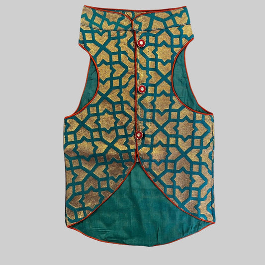 Dog wearing green sherwani with intricate mandala embroidery, perfect for Indian weddings and cultural celebrations