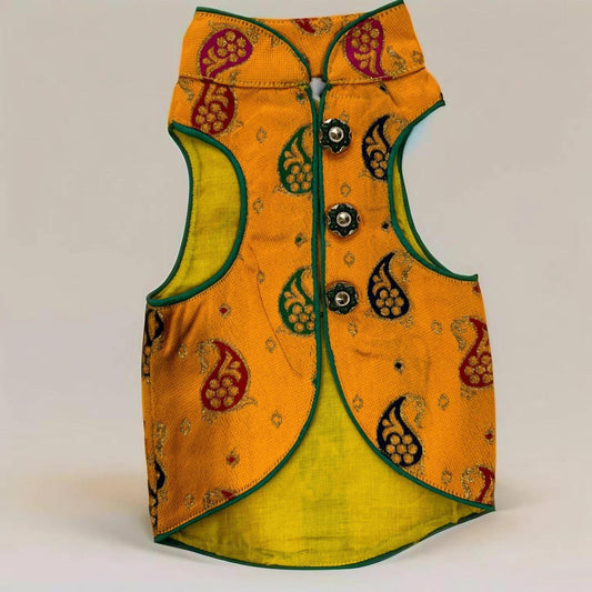 Dog wearing bright yellow sherwani with festive detailing, ideal for Haldi and Indian wedding celebrations