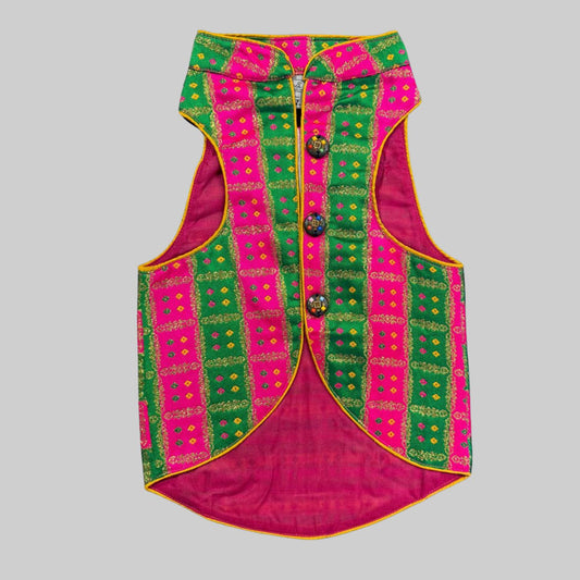 Dog wearing colorful sherwani with traditional patterns, ideal for Indian weddings and festive desi events