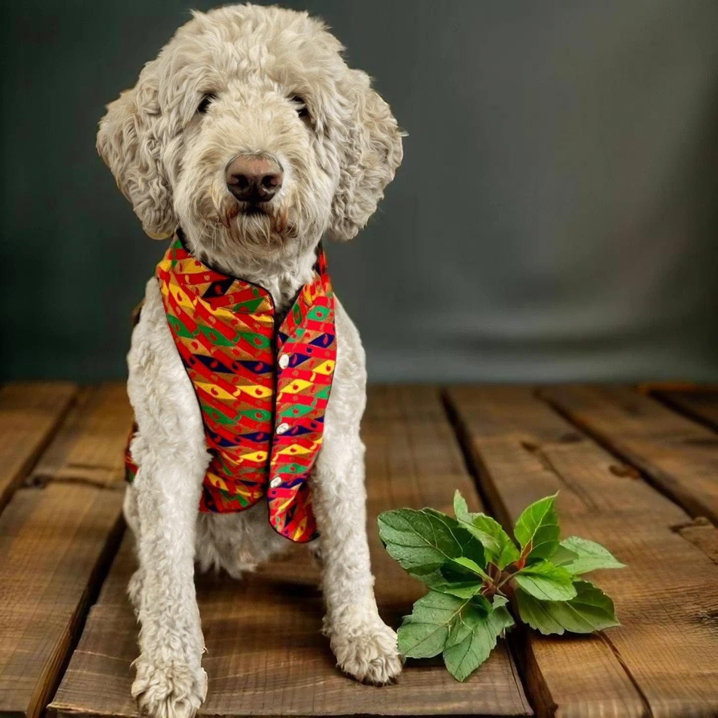 Dog wearing colorful sherwani inspired by rangoli patterns, perfect for Indian weddings, Diwali, and celebrations