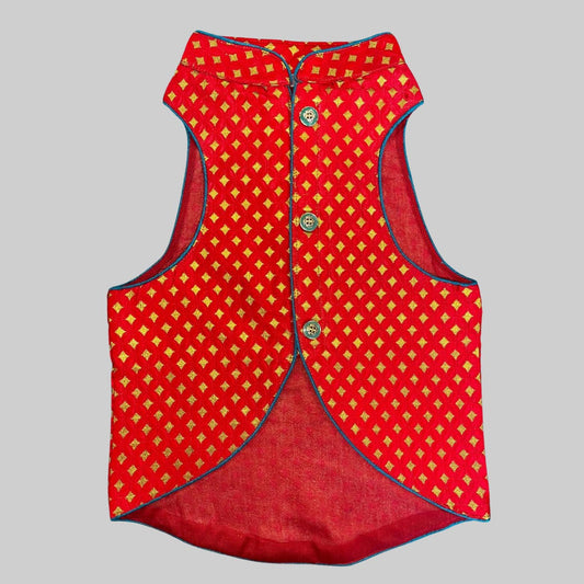 Dog wearing red sherwani with gold diamond embroidery, ideal for Indian weddings and festive celebrations