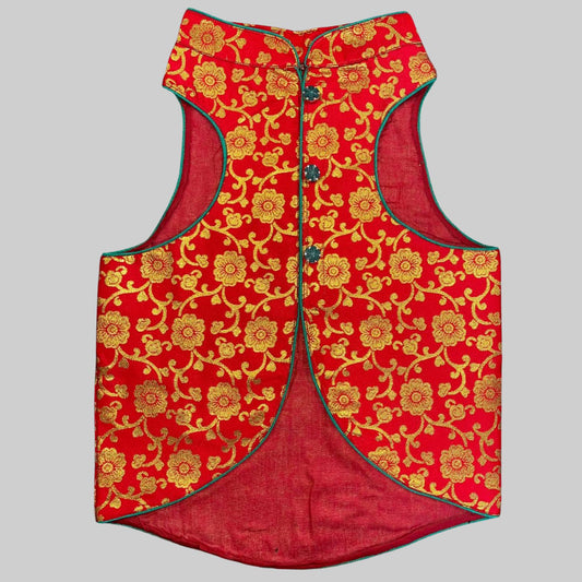 Dog wearing red sherwani with floral embroidery, perfect for spring weddings and festive Indian celebrations