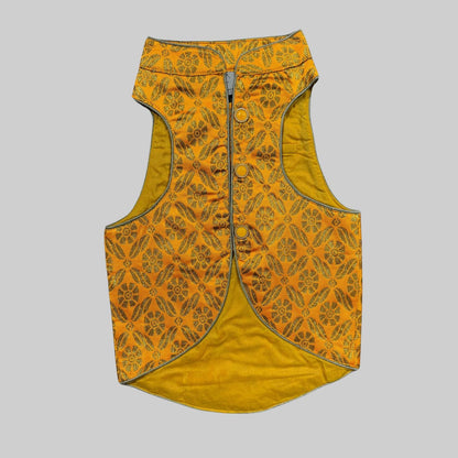 Dog wearing bright yellow sherwani with floral details, perfect for Haldi ceremonies and Indian festive occasions