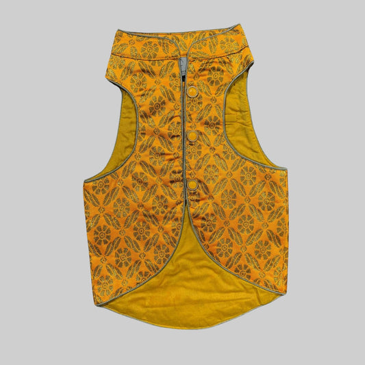 Dog wearing bright yellow sherwani with floral details, perfect for Haldi ceremonies and Indian festive occasions