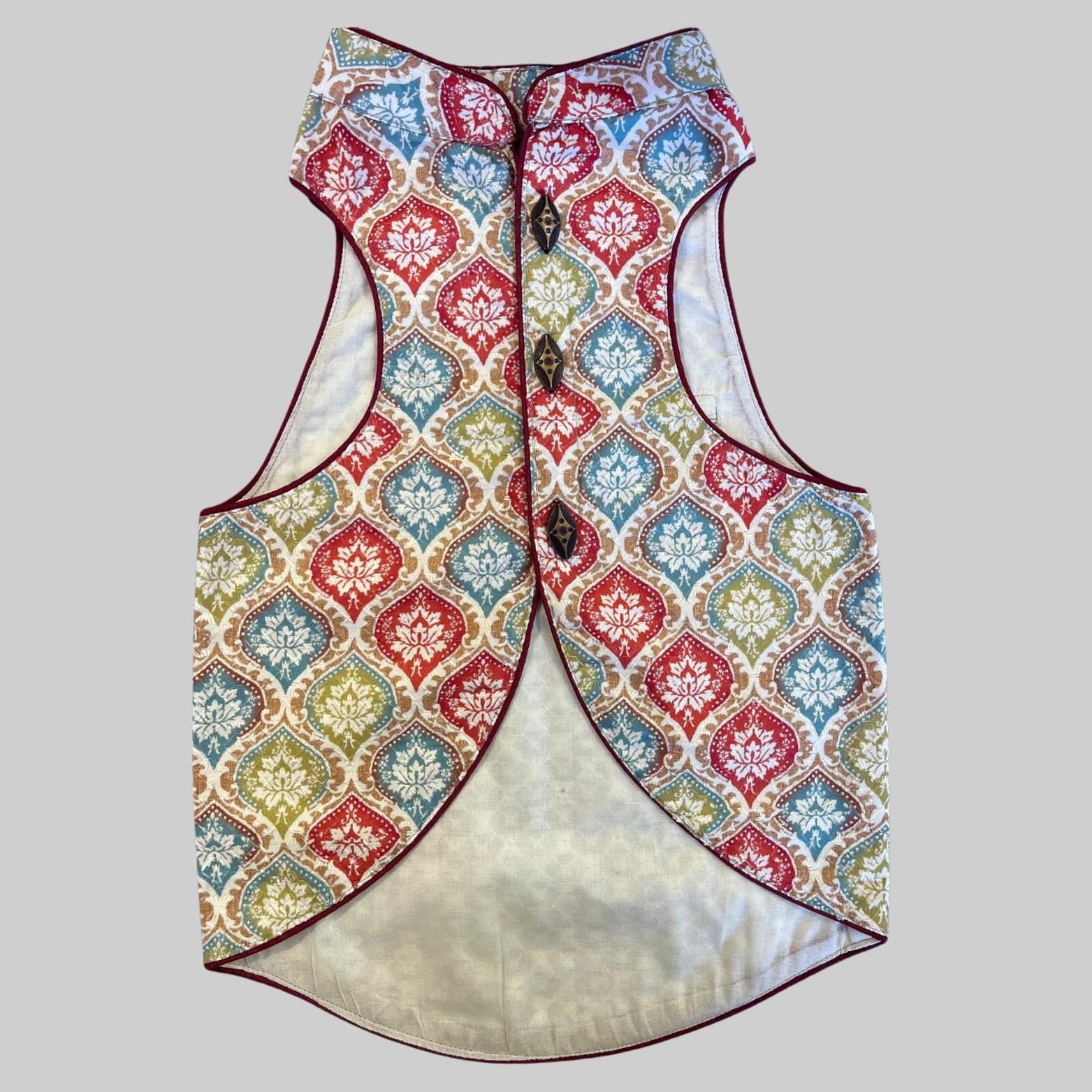 Dog wearing sherwani with traditional patola-inspired print, perfect for Indian weddings and festive garba events