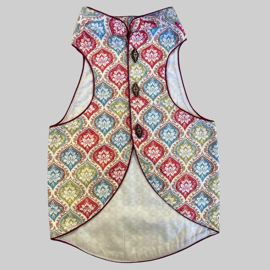 Dog wearing sherwani with traditional patola-inspired print, perfect for Indian weddings and festive garba events