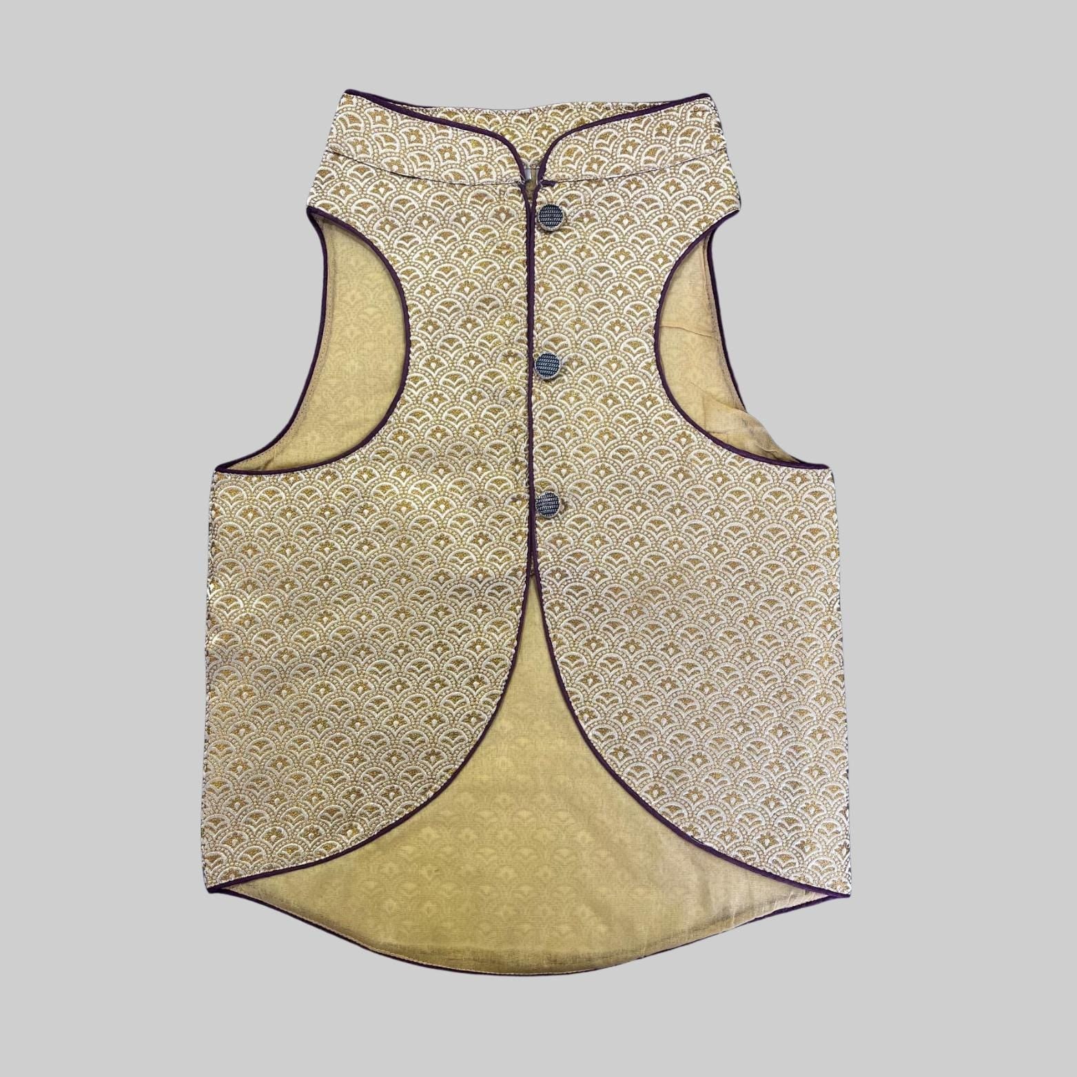 Dog wearing bold sherwani with gold and multicolor accents, ideal for Indian weddings and special occasions